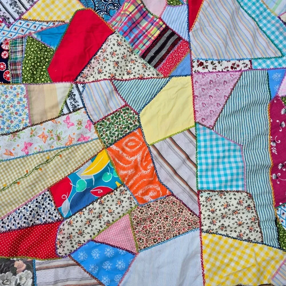 Vintage Crazy Quilt Top 1940s 50s Feedsack Patchwork Hand Embroidery 66x85